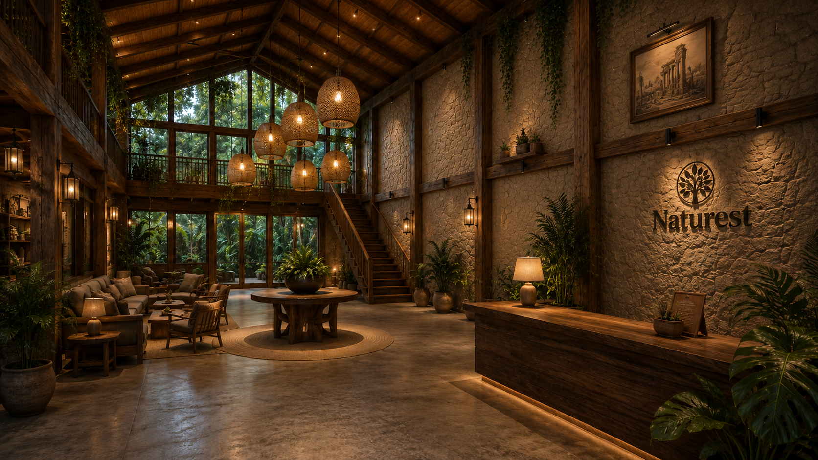 Lobby Naturest dengan material kayu dan pencahayaan hangat